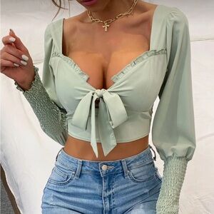 Mint Green Smocked Sleeve Tie-Front Top